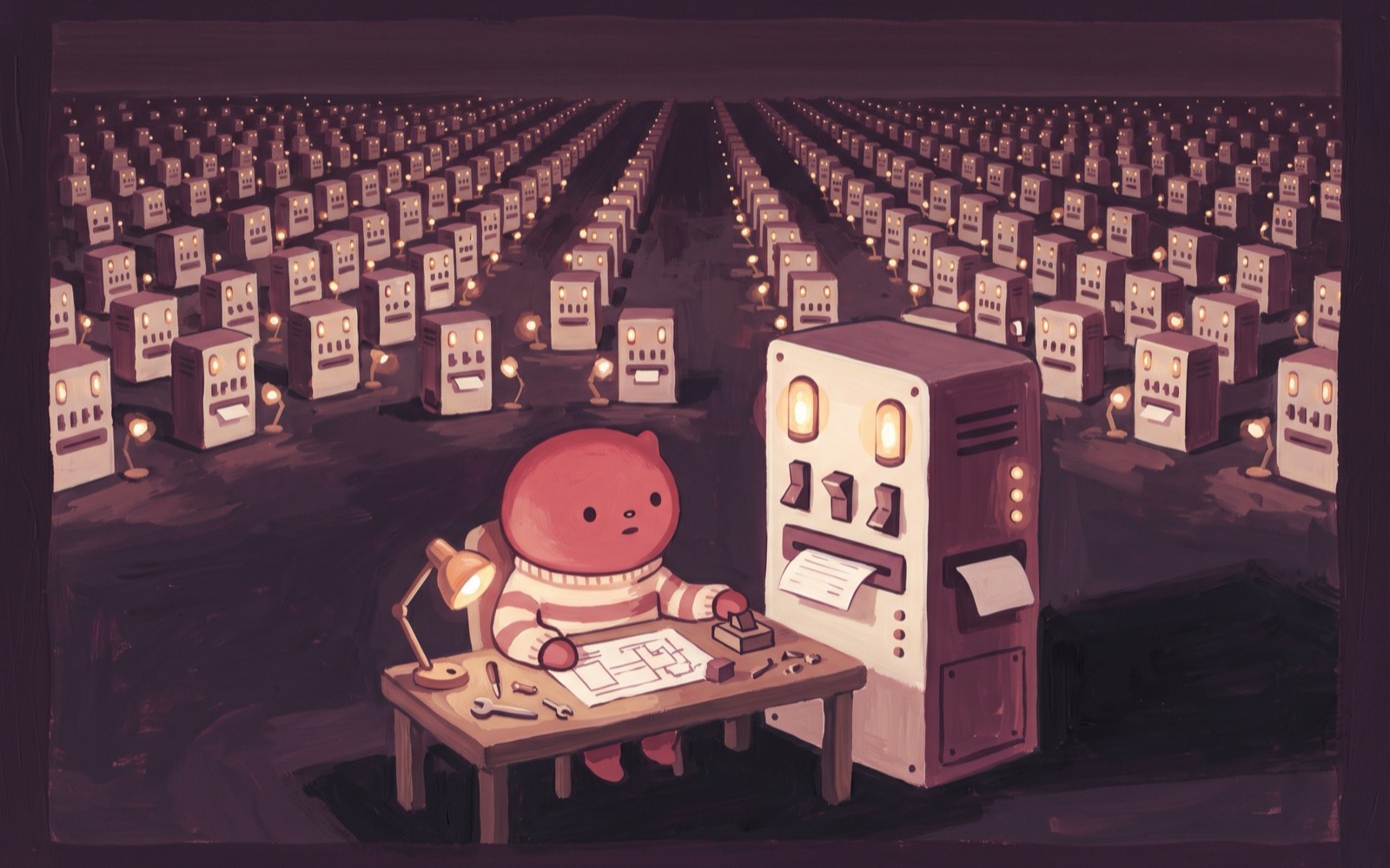 A single creature at a desk in the foreground, and behind it a vast lit hall of identical small machines running unattended into the distance.