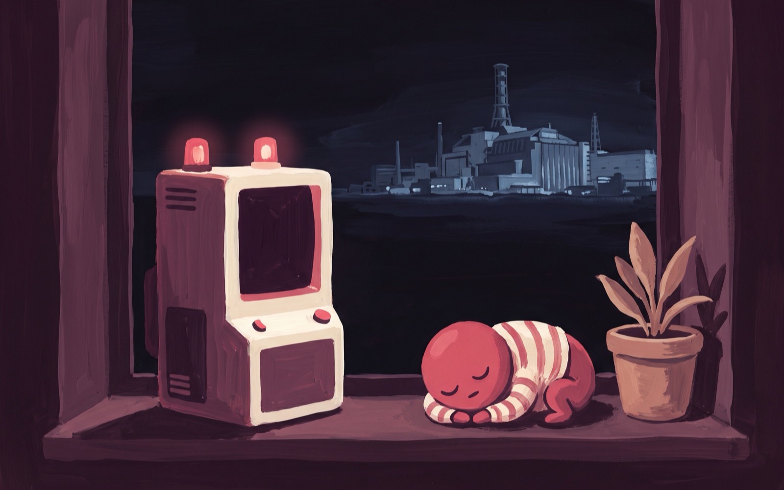 A small machine hums on a windowsill beside a potted plant and a sleeping creature, a vast cold industrial complex glowing far away outside the window.