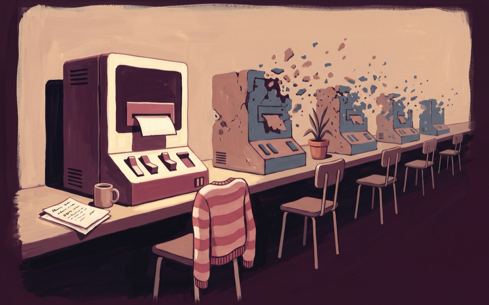 A row of machines on a bench: the ones behind crumble into drifting dust leaving bare stools, while the front one stands lit with its owner's mug, jumper and plant still in place.