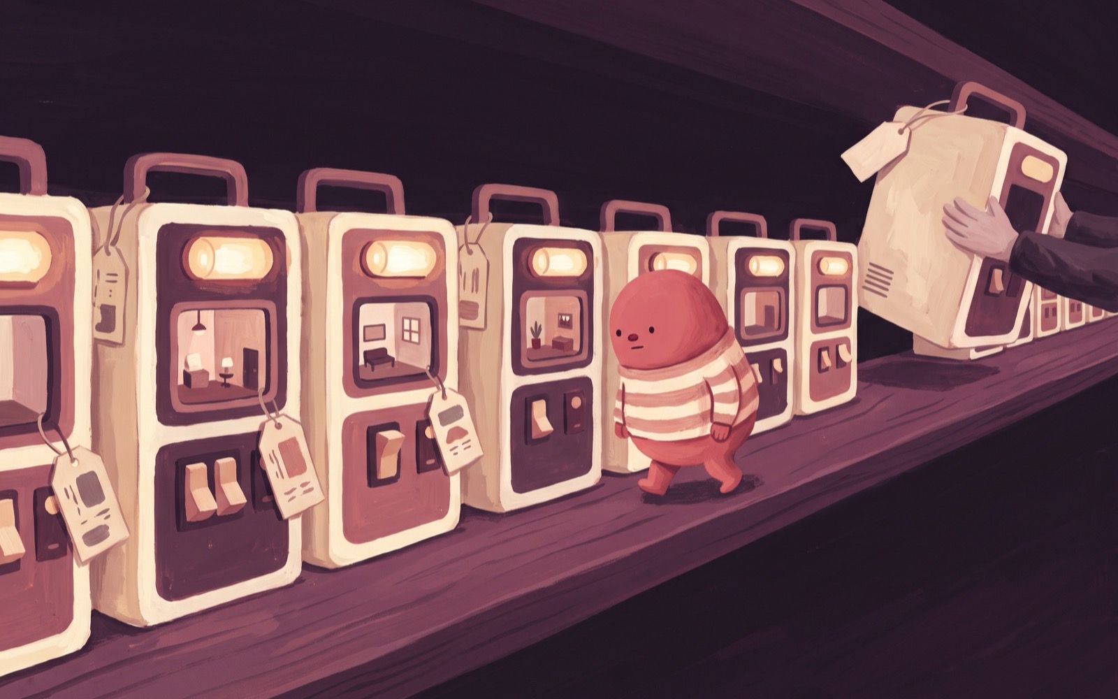 A long shelf of small machines, each with a numbered luggage tag and a different room inside; at the far end one is being lifted away and its slot is empty.