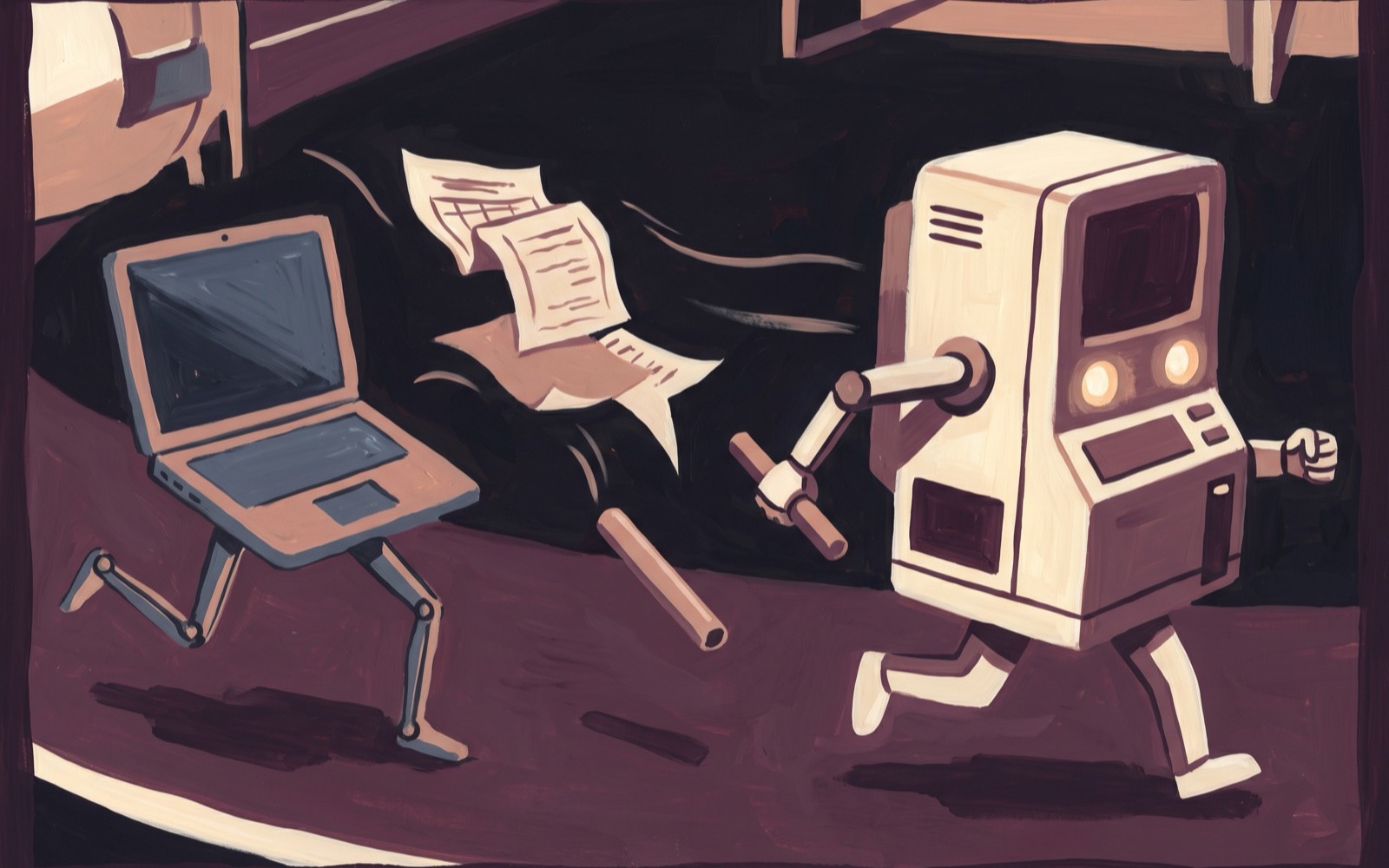 A relay race: a laptop collapsing mid-stride, a paper schedule blowing away with the baton dropped, and the machine running steady and level with the baton held firm.