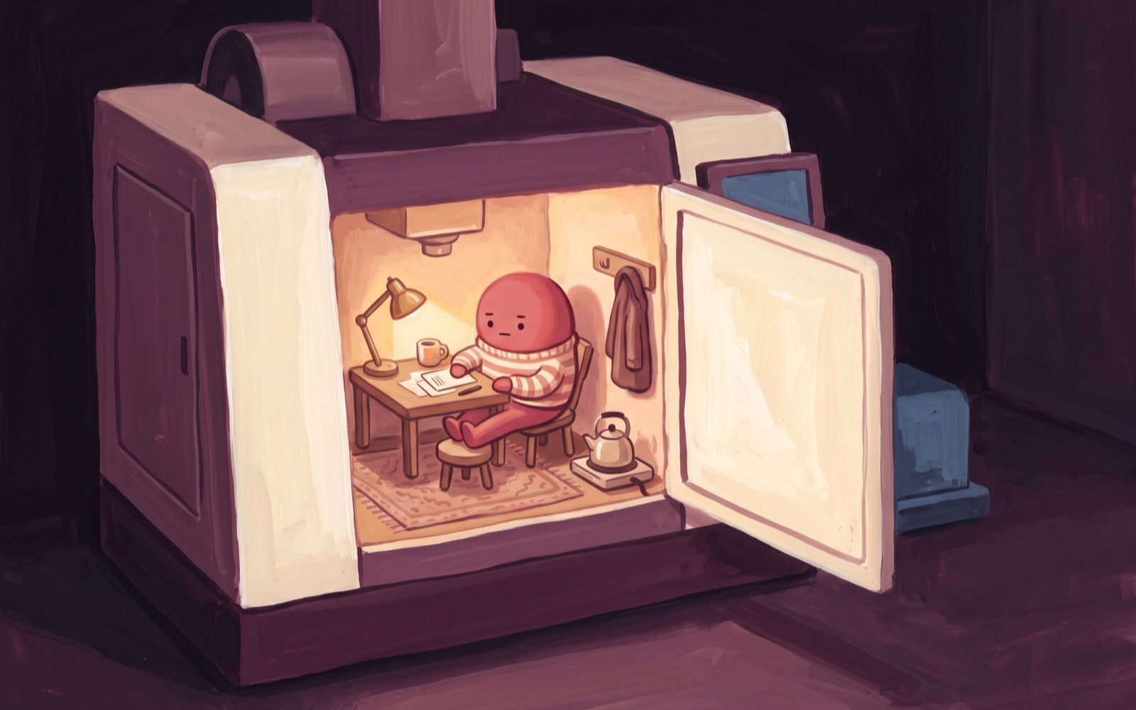The front panel of a machine stands open like a door, revealing a small furnished room inside where a creature works with its feet up, entirely at home.