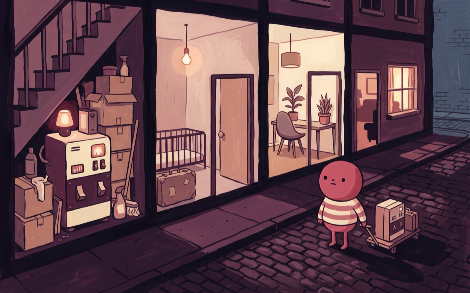 A cutaway through four dwellings side by side, each with a machine wedged inside, and a creature in the street outside with a trolley deciding which door to knock on.